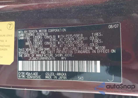 2008 Lexus Rx 350 from USA, damaged, VIN JTJGK31U989850676